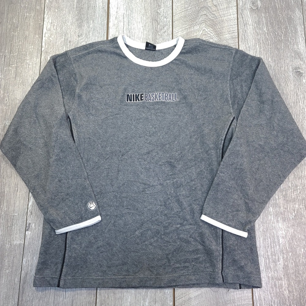 Nike Basketball Fleece Pullover Mens Large Gray Ringer Crew Neck Long Sleeve VTG